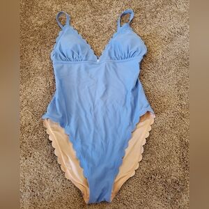 J. Crew Light Blue One-Piece Swimsuit with Scalloped Trim
